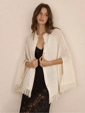 Vintage Crochet Knit Fringe Trim Button Front Cardigan Ivory